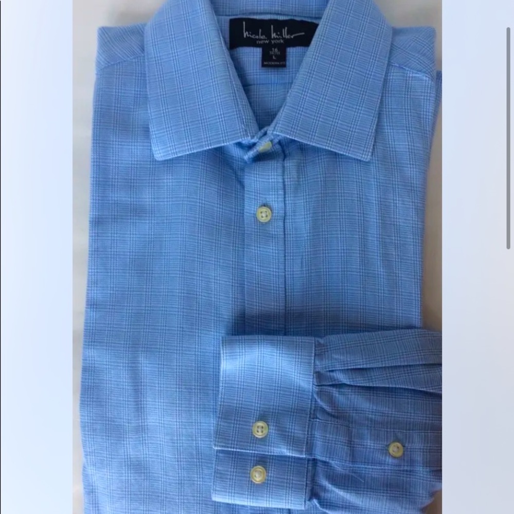 Nicole Miller Men Dress Shirt Blue Plaid Long Sleeve Cotton 16 L Modern Fit